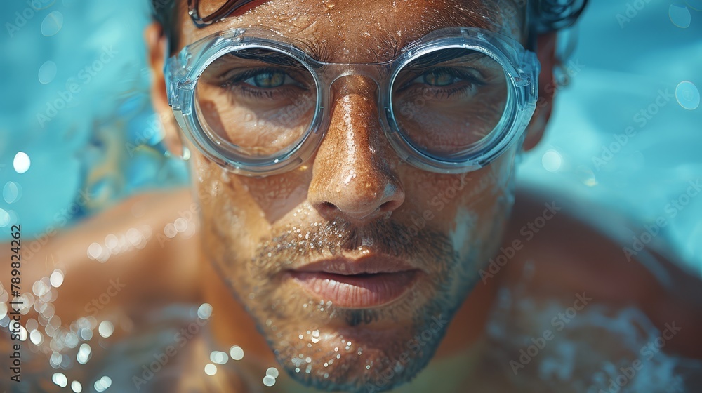   A man in goggles and swimming trunks, with water droplets beading on his face, is captured in a tight shot within a pool