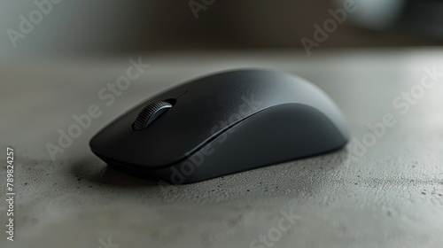   A tight shot of a computer mouse on a table  background featuring a softly blurred depiction of the mouse s backward view