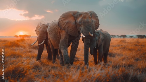   A herd of elephants atop a dry, grass-covered field as the sun sets in the distance photo