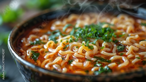   A tight shot of a steaming bowl of noodle soup topped with broccoli florets photo