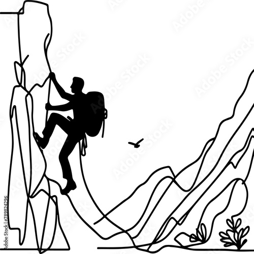 One continuous black line drawing of man rock Climbing a steep rocky cliff Doodle linear drawing cartoon on white background. vector