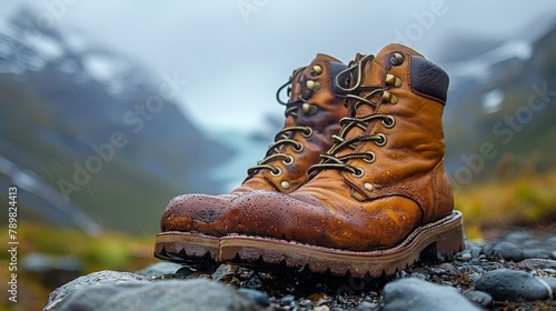  A pair of brown boots atop rocks by a water body Mountains in the backdrop