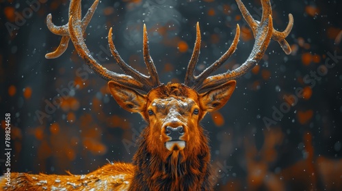  A tight shot of a deer adorned with antlers against a backdrop of snowflakes descending