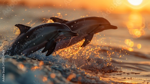  A few dolphins leap from the water concurrently as the sun sets behind them