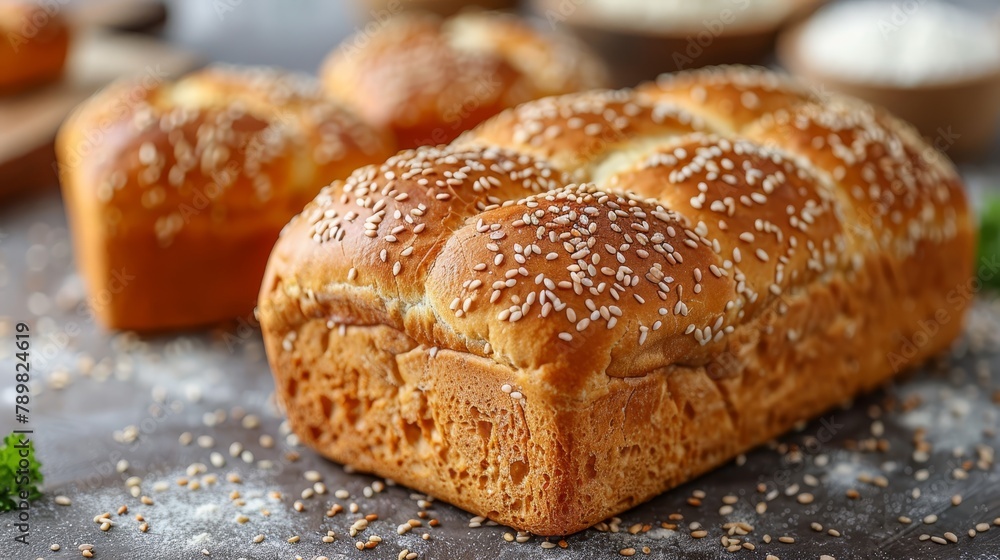   A tight shot of a loaf of bread, studded with sesame seeds, atop a table Other loaves rest in the backdrop