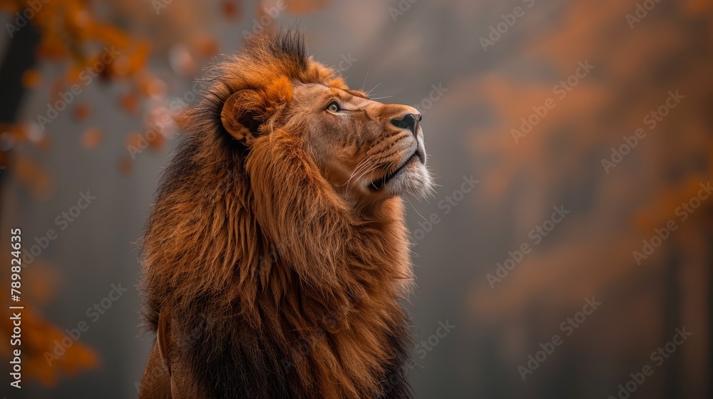 Fototapeta premium A tight shot of a lion's expressive face against a hazy backdrop of leaves and a tree