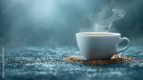  A steaming cup of coffee atop a table, accompanied by a mound of grounds nearby