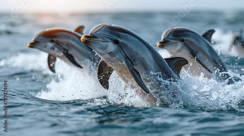   A group of dolphins leaping from the water, heads and tails visible © Jevjenijs