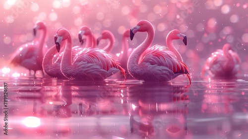   A collection of pink flamingos gracefully bobbing on a water body against a vivid pink backdrop © Jevjenijs