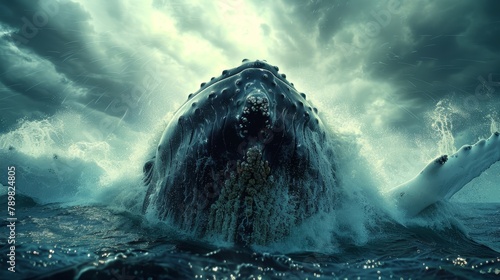   A giant whale is in the middle of a large body of water with its mouth widely open photo