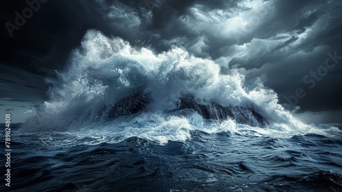  A large wave crashes over a mid-body rock, dark clouds loom ominously in the background