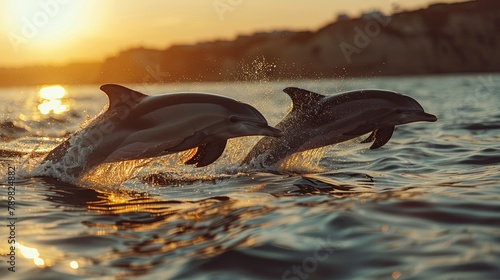  Two dolphins leap above the water's surface as the sun sets over the tranquil body