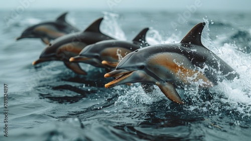   A group of dolphins swimming in a body of water, creating splashes on its surface © Jevjenijs