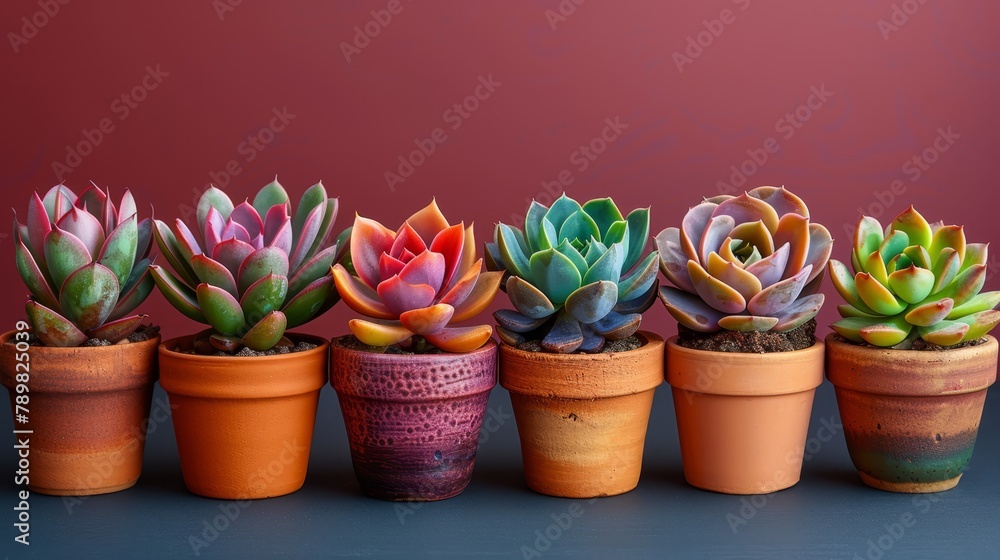   A row of potted succulents aligns on a blue surface, adjacent to a red wall
