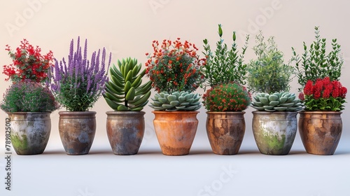  A white table holds a uniform line of potted plants against a wall