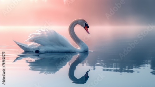   A white swan floats atop a tranquil body of water Nearby, a lush forest teems with green leaves on its trees