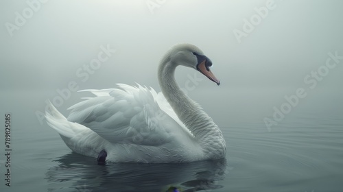   A white swan floats atop tranquil water amidst a foggy seascape