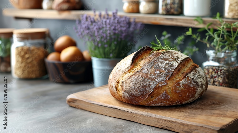 A loaf of bread on a wooden cutting board, nearby is a potted plant and some eggs A loaf of bread on a wooden cutting board, nearby is a potted plant and some eggs