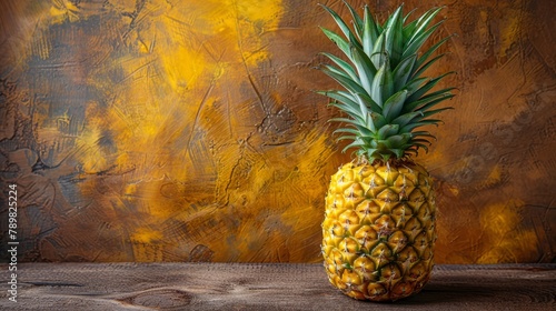  A pineapple atop a wooden table near a brown-yellow wall and wooden floor