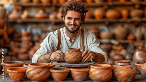   A man seated at a table, surrounded by pots, holds a single pot on a plate before him photo