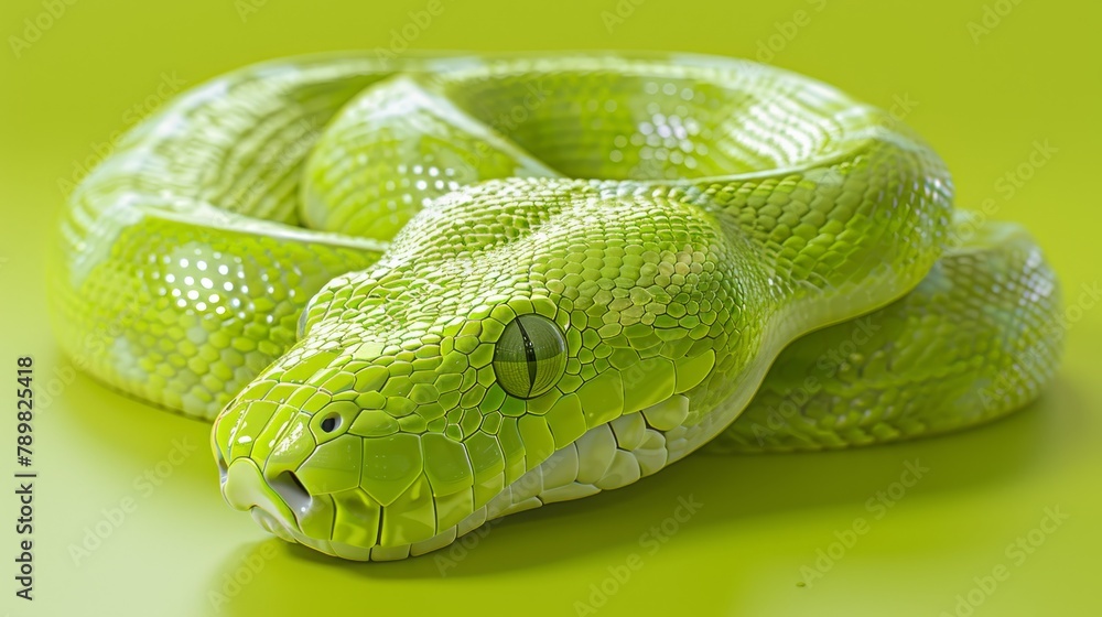 A tight shot of a green snake against a verdant backdrop, its head marked with a distinct white dot A tight shot of a green snake against a verdant backdrop, its head marked with a distinct white dot