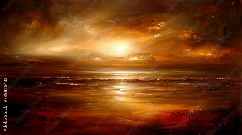   A sunset painting over a tranquil body of water, featuring a boat adrift and cloud-specked sky