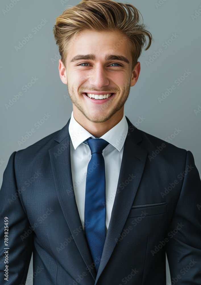 A close-up of a person in a suit and tie, featuring a white shirt and a blue tie A close-up of a person in a suit and tie, featuring a white shirt and a blue tie