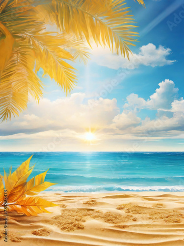 GENERATIVE AI  Summer background with frame  nature of tropical golden beach with rays of sun light and leaf palm. Golden sand beach close-up  sea  blue sky  white clouds. Copy space  summer vacation 