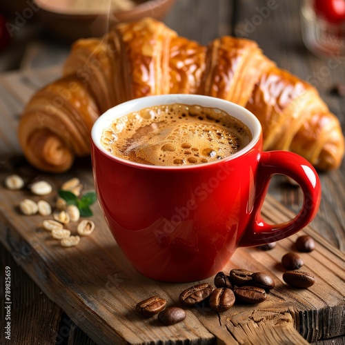 A tight shot of a steaming cup of coffee on a table, surrounded by croissants and nuts in the background