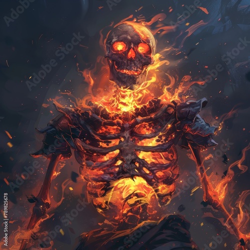  A skeleton faces a fiery sunset; its chest and arms bear glowing skulls