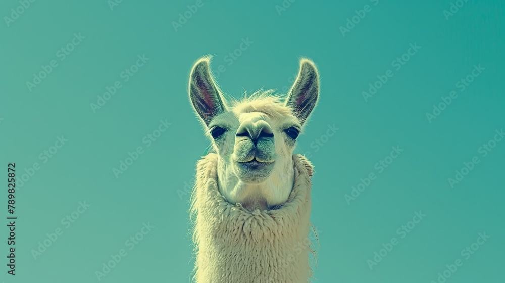 Obraz premium A tight shot of a llama's expressive face against a backdrop of a clear, blue sky dotted with gentle cloud formations