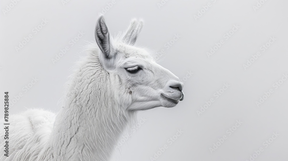   A tight shot of a llama's visage in monochrome, contrasted against a gray backdrop of cloud-filled sky