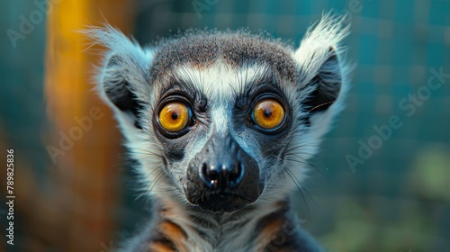   A tight shot of a Lemur with bright yellow eyes against a backdrop of a confined space photo