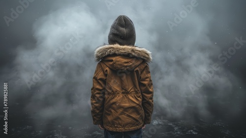  A person, clad in a brown jacket and a hoodie with fur lining, stands amidst foggy skies