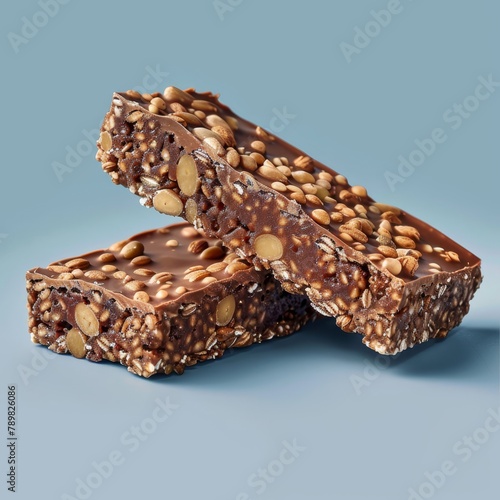  A tight shot of two chunks of chocolate and nuts against a blue backdrop, accompanied by a few extra pieces in the distance