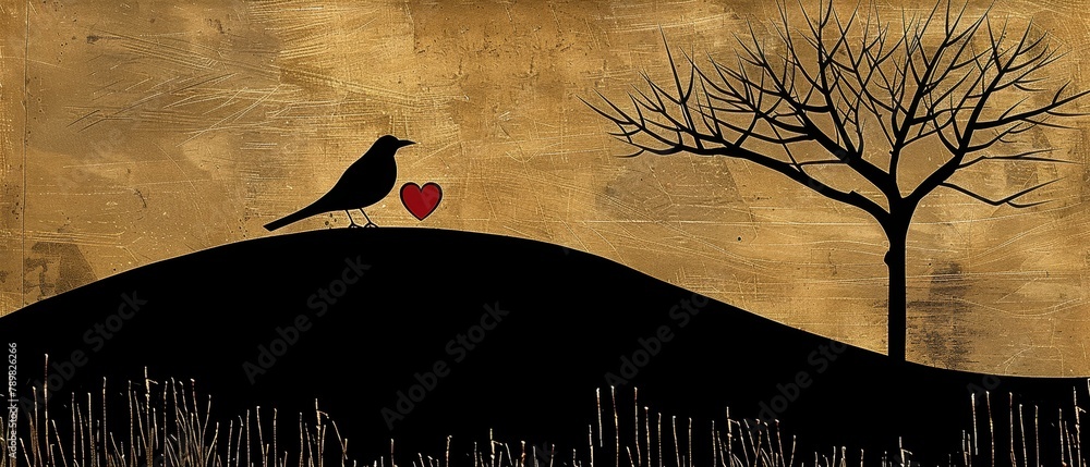 Fototapeta premium A bird atop a hill holds a heart in its beak beside a tree