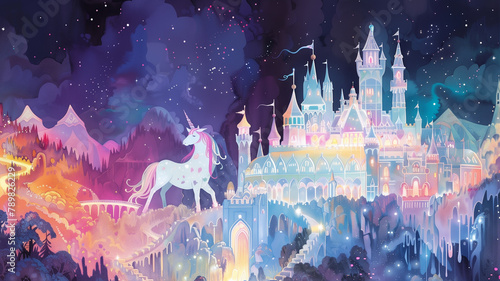 Fantasy castle with unicorn. photo