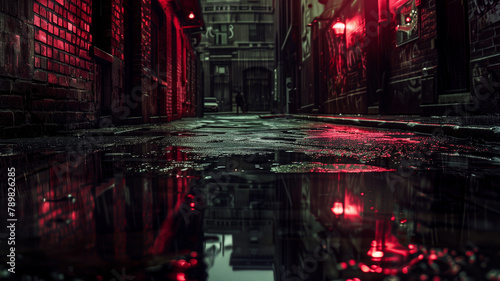 Rainy alley with red lights.