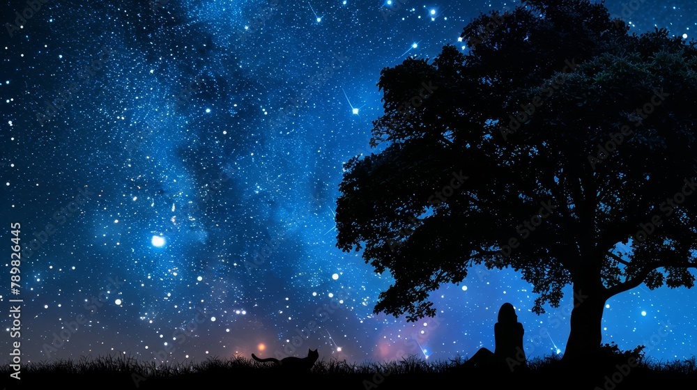 A person silhouetted under a tree against a night sky, adorned with stars and the Milky Way A person silhouetted under a tree against a night sky, adorned with stars and the Milky Way