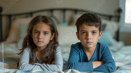 A boy and a girl are sitting on a bed looking upset.   © Awais