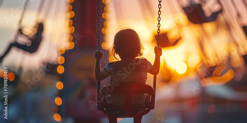 Little boy having fun on a swing on the playground in public park on summer day happy child enjoy © Muhammad