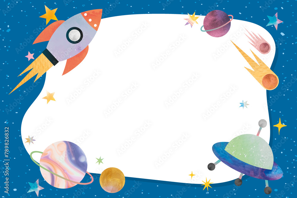 Naklejka premium Galaxy png frame in blue with cute doodle graphics for kids