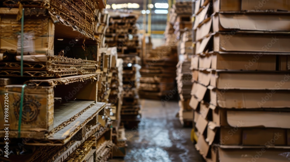 Obraz premium Pile of used cardboard in factory, AI generated Image