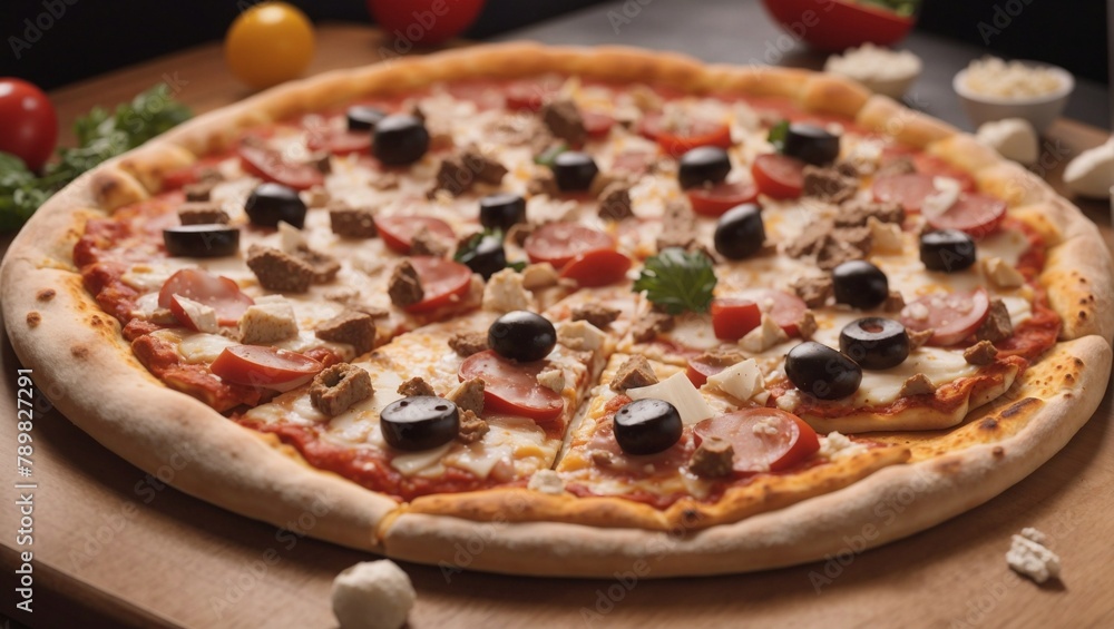 pizza with salami and olives pizza with salami and olives