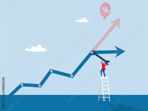 Businessman fixing graph for control inflation with a hex wrench. Economic downturn and Inflation. slowing or worse as inflation rises. stock market slump.World economy recession.Vector 