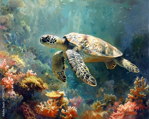 A peaceful turtle gracefully navigating through vibrant coral reefs , high resulution,clean sharp focus