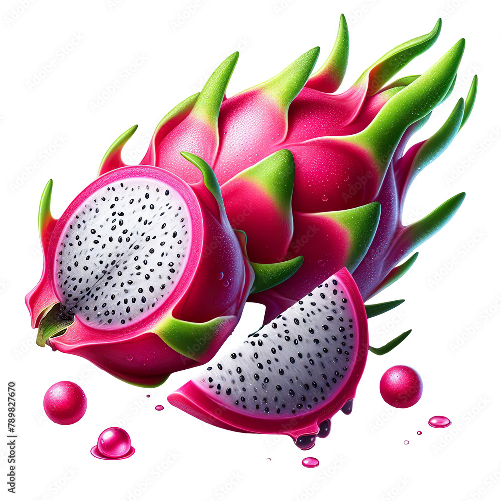 realistic illustration, Dragon fruit, one whole fruit and half composition, a few small water drops on it, white background realistic illustration, Dragon fruit, one whole fruit and half composition, a few small water drops on it, white background