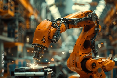 An industrial robot welder working on a massive construction project , 3D ,ultra HD,digital photography