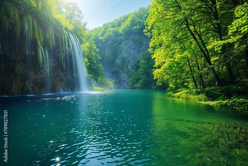 Stock image of Plitvice Lakes National Park  Croatia  cascading waterfalls and emerald lakes  lush greenery  natural beauty and tranquility