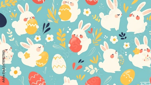 Celebrate Easter with a delightful 2d pattern featuring charming bunnies and colorful eggs perfect for creating a joyful printable background